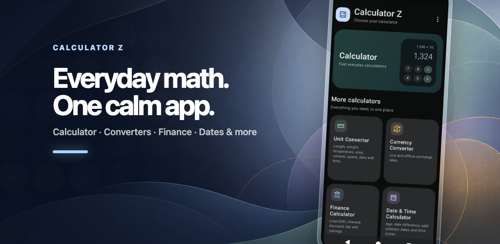 Calculator Z app interface with calculator, converter, finance, and date tools