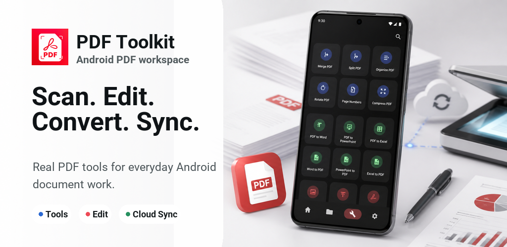 PDF Toolkit app tools screen with scan, edit, convert, and sync features